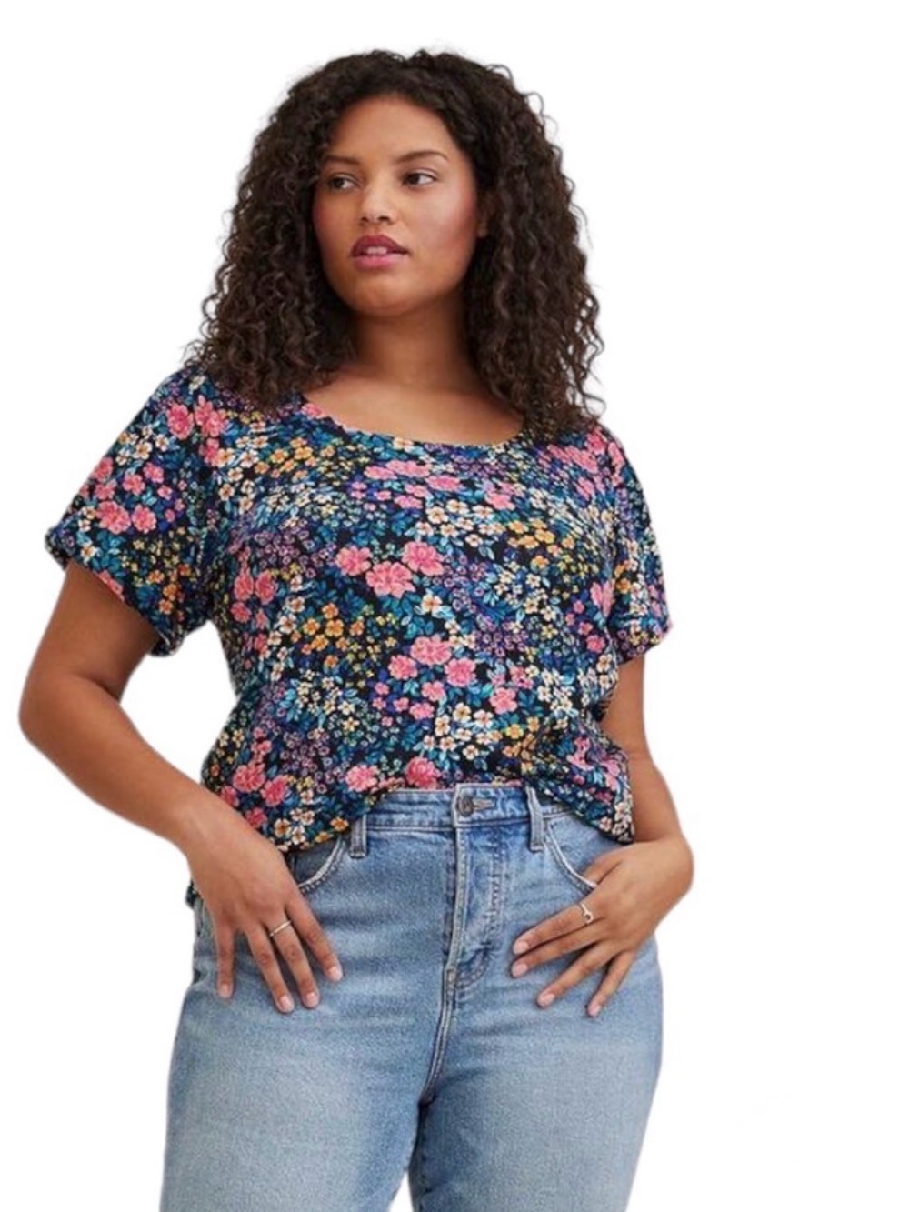 Torrid Floral Scoop Neck Tee with Puff Sleeves